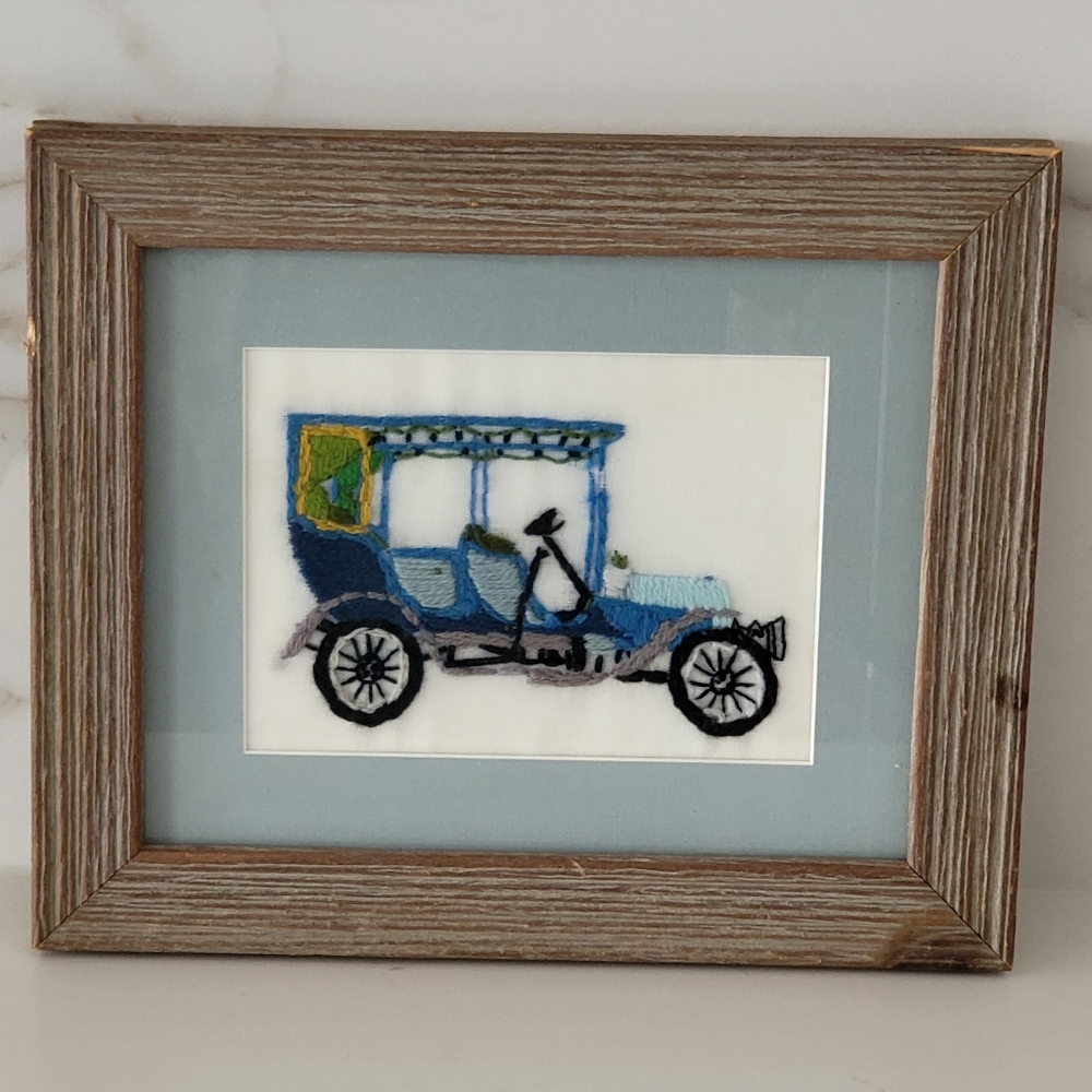 Vintage Cross Stitch Artwork Depicting An Antique Car